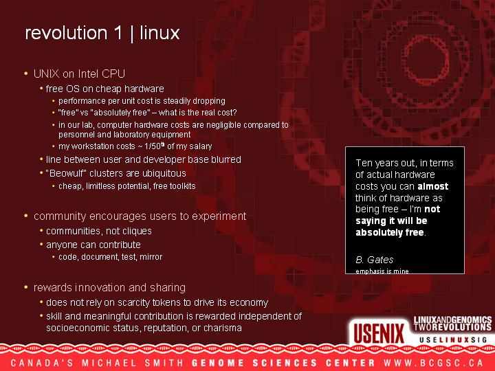 Linux and Genomics - Two Revolutions - USENIX 2004 - Martin Krzywinsk and Yaron Butterfield